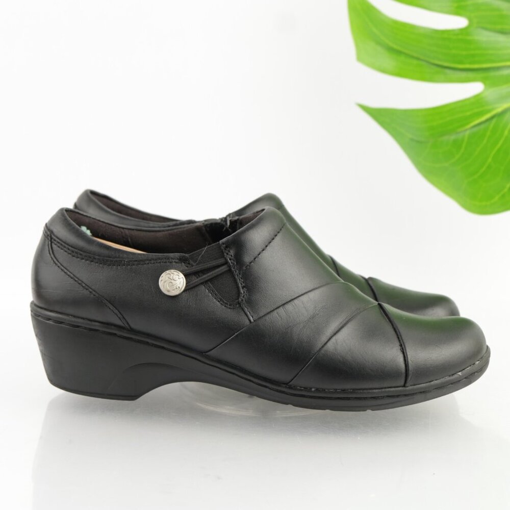 Clarks Womens Channing Ann Loafer Size 9 WIDE Black Leather Slip On Shoes Wedge